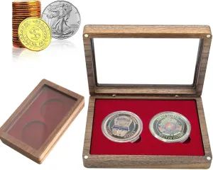 Challenge Single Coin Display Box - Two 1.81" Groove for Silver Dollar Holders, Wood Storage Case With Adjustable DIY Gasket Size (RED1.8 46mm)