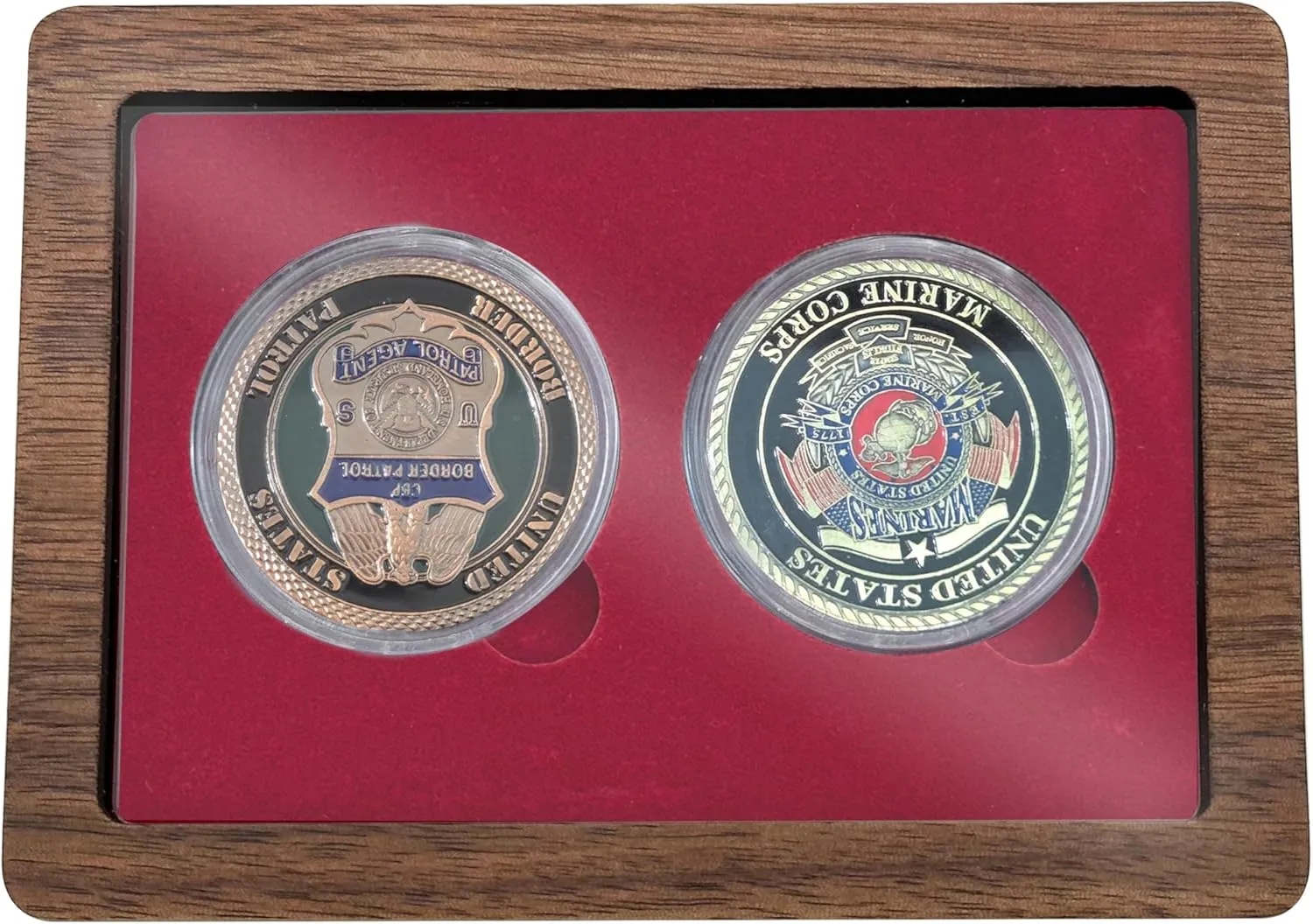Challenge Single Coin Display Box - Two 1.81" Groove for Silver Dollar Holders, Wood Storage Case With Adjustable DIY Gasket Size (RED1.8 46mm)