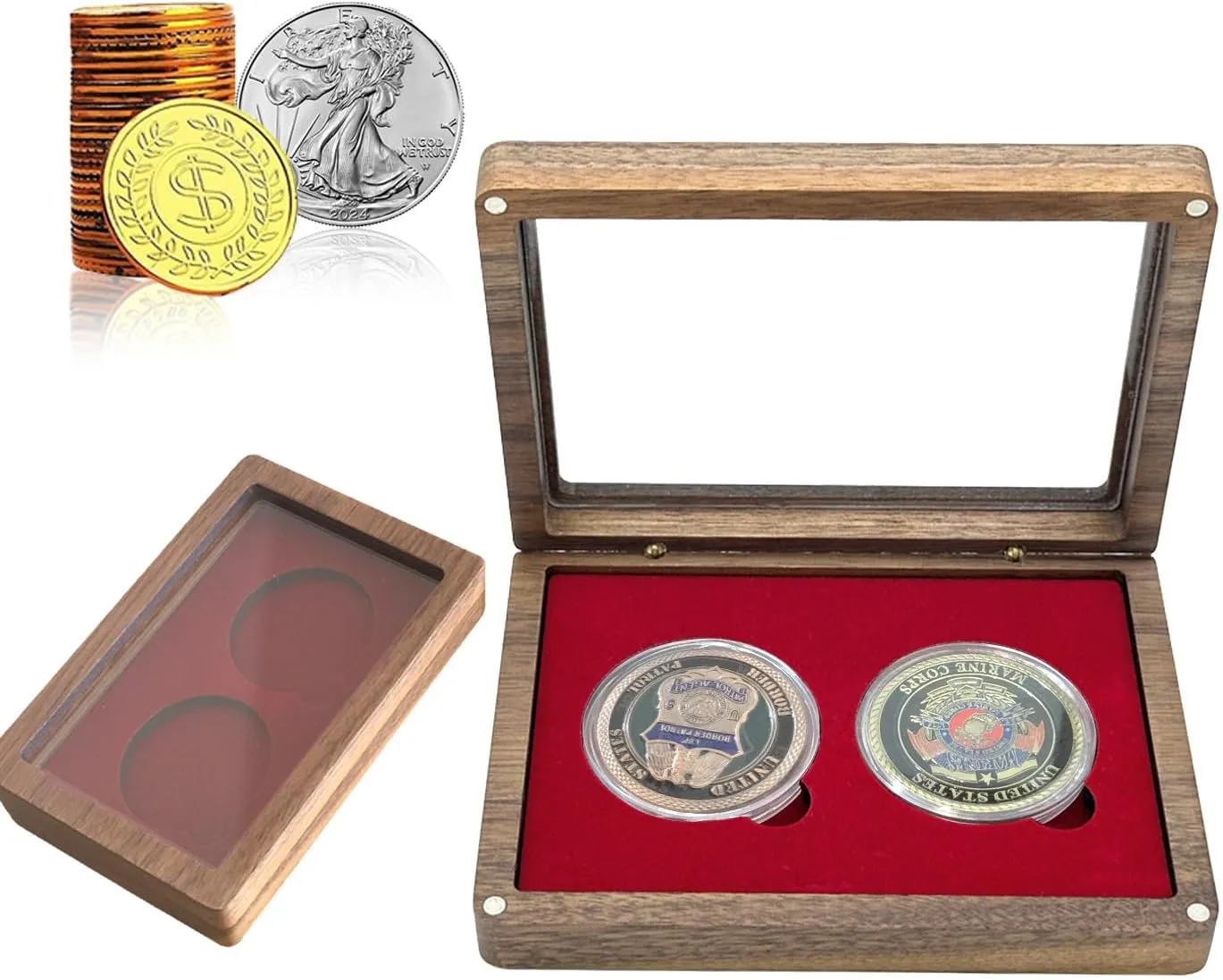 Challenge Single Coin Display Box - Two 1.81" Groove for Silver Dollar Holders, Wood Storage Case With Adjustable DIY Gasket Size (RED1.8 46mm)