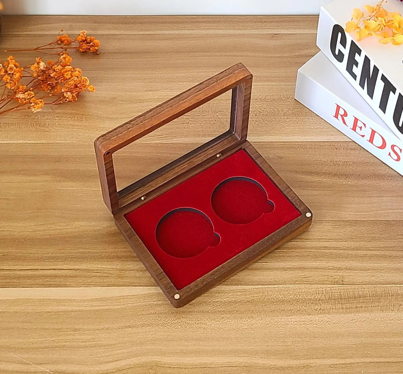 Challenge Single Coin Display Box - Two 1.81" Groove for Silver Dollar Holders, Wood Storage Case With Adjustable DIY Gasket Size (RED1.8 46mm)