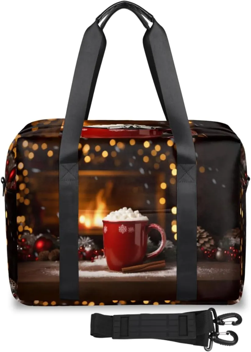 Christmas Milk Mug Fireplace Womens Travel Bags, Weekender Carry on for Women, Sports Gym Bag, Workout Duffel bag, Overnight Shoulder Bag