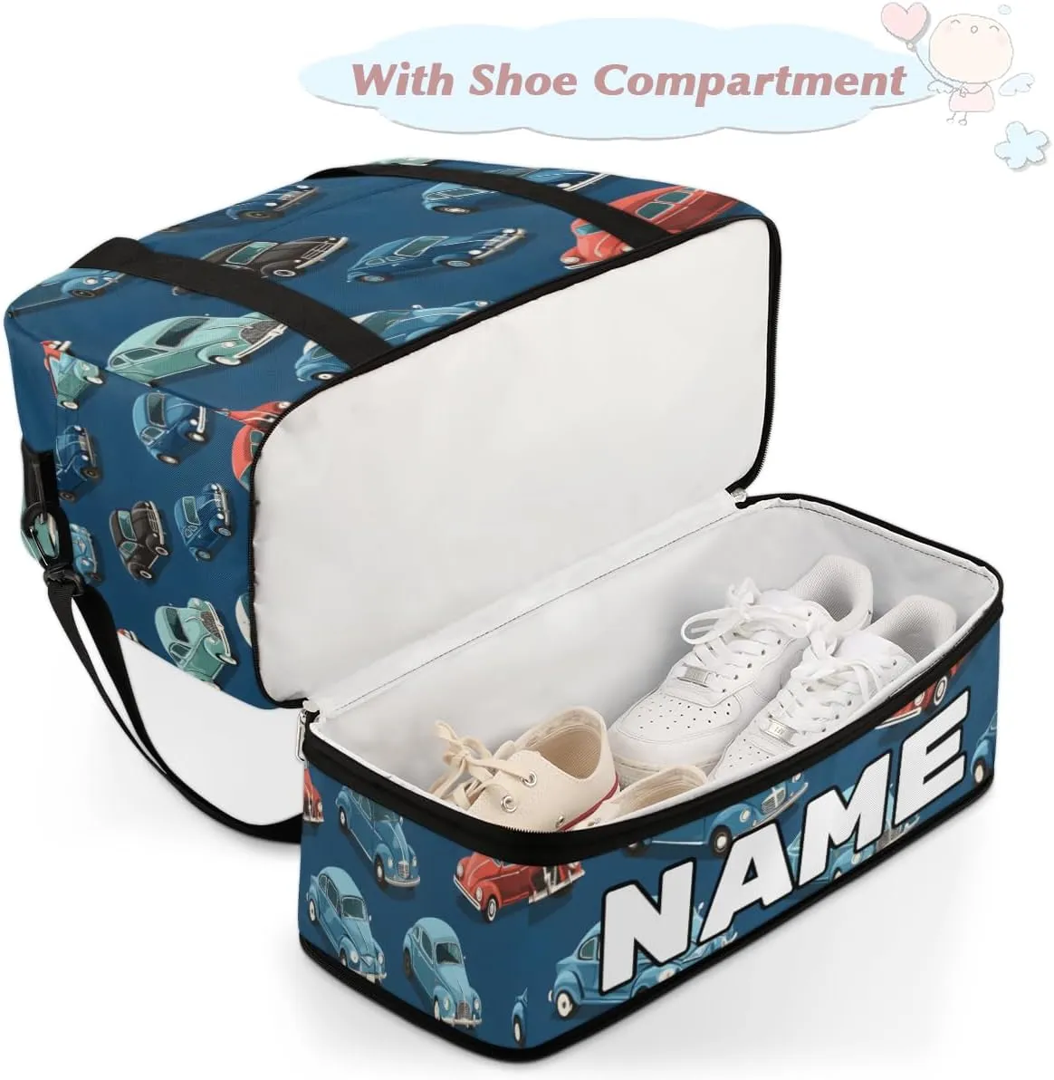 Classic Car Custom Foldable Duffle Bag with Shoes Compartment Personalized Large Capacity Waterproof Travel Weekender Bag Overnight Bag for Sports Gym
