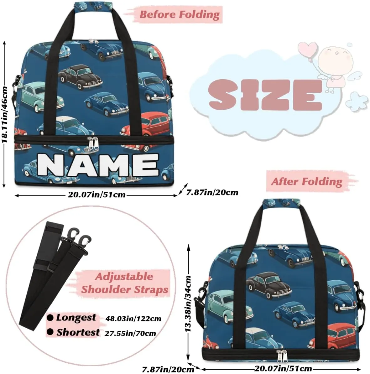 Classic Car Custom Foldable Duffle Bag with Shoes Compartment Personalized Large Capacity Waterproof Travel Weekender Bag Overnight Bag for Sports Gym