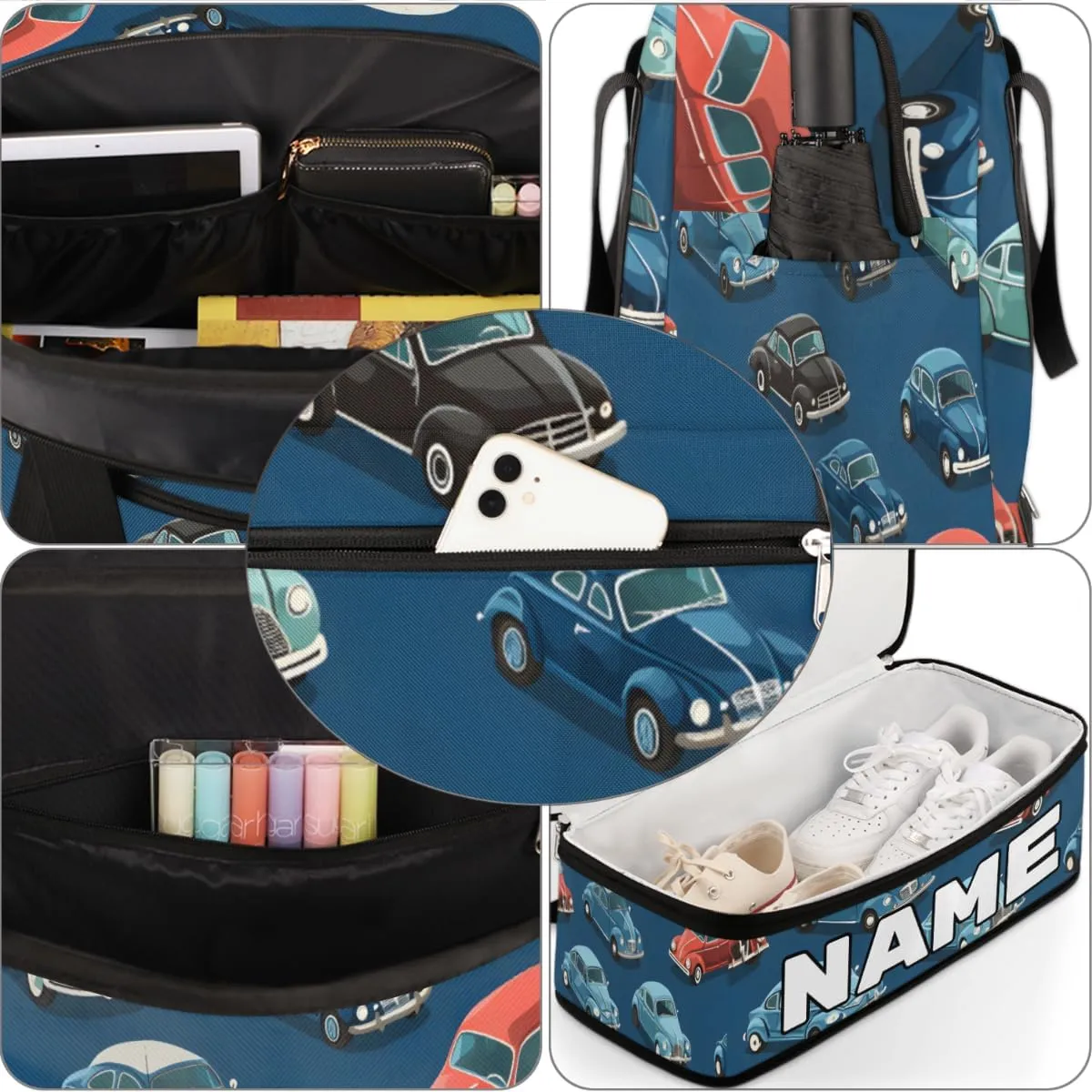 Classic Car Custom Foldable Duffle Bag with Shoes Compartment Personalized Large Capacity Waterproof Travel Weekender Bag Overnight Bag for Sports Gym