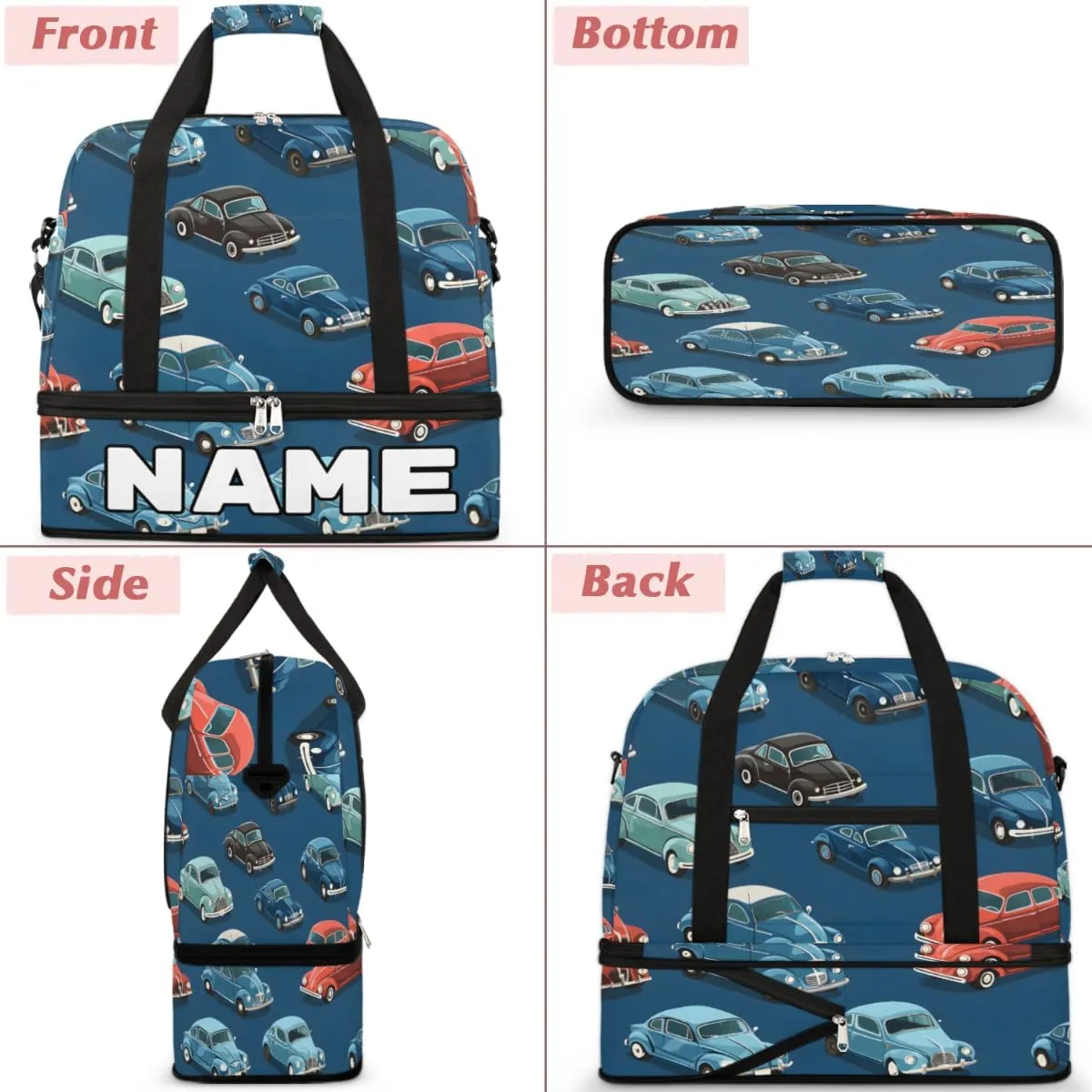 Classic Car Custom Foldable Duffle Bag with Shoes Compartment Personalized Large Capacity Waterproof Travel Weekender Bag Overnight Bag for Sports Gym