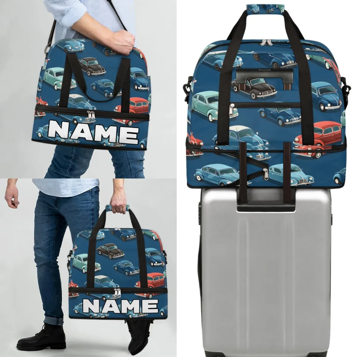 Classic Car Custom Foldable Duffle Bag with Shoes Compartment Personalized Large Capacity Waterproof Travel Weekender Bag Overnight Bag for Sports Gym