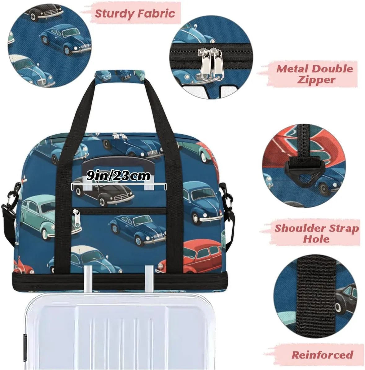 Classic Car Custom Foldable Duffle Bag with Shoes Compartment Personalized Large Capacity Waterproof Travel Weekender Bag Overnight Bag for Sports Gym