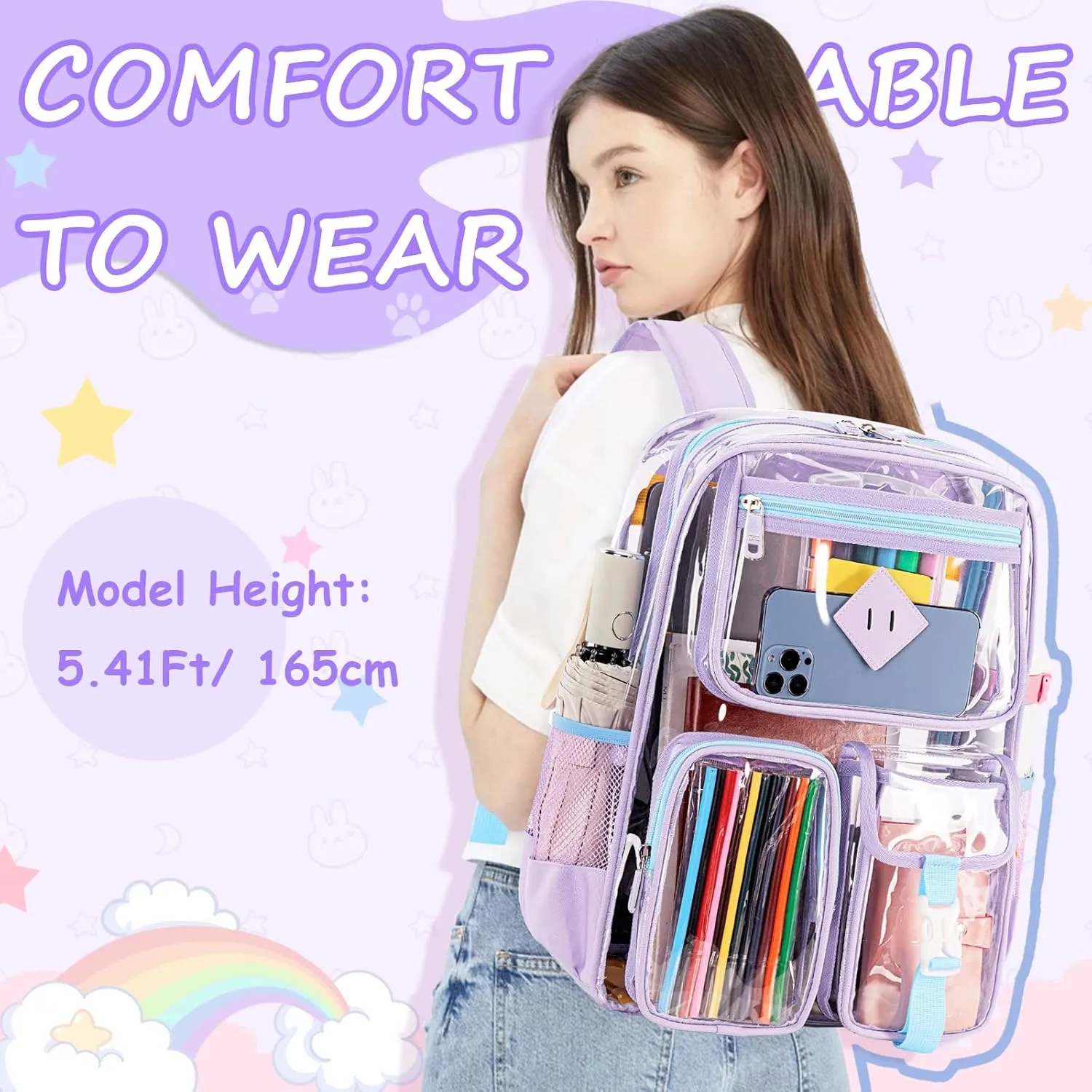 Clear Backpack for School,Heavy Duty PVC Transparent Bookbag for Girls Stadium Approved See Through Backpack