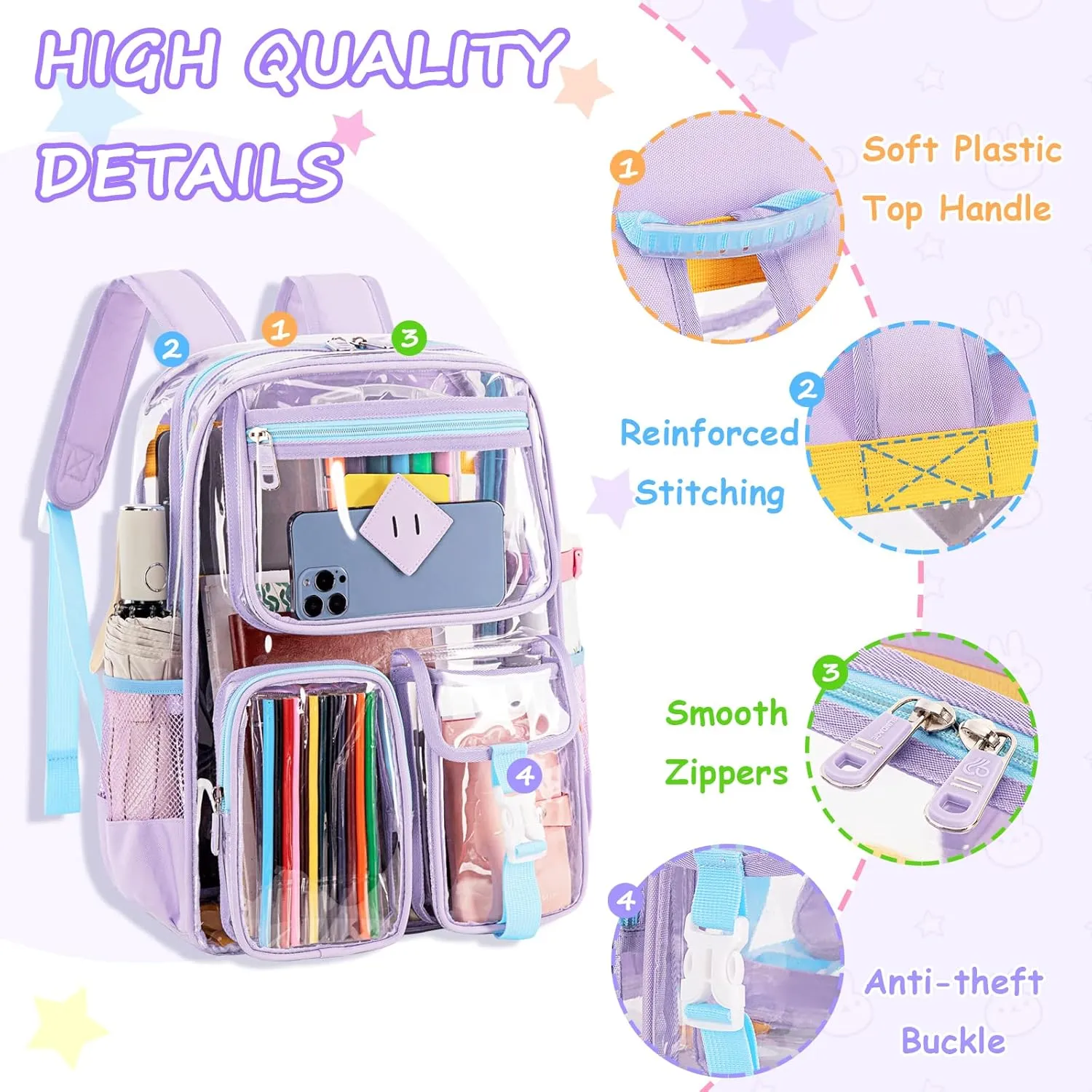 Clear Backpack for School,Heavy Duty PVC Transparent Bookbag for Girls Stadium Approved See Through Backpack