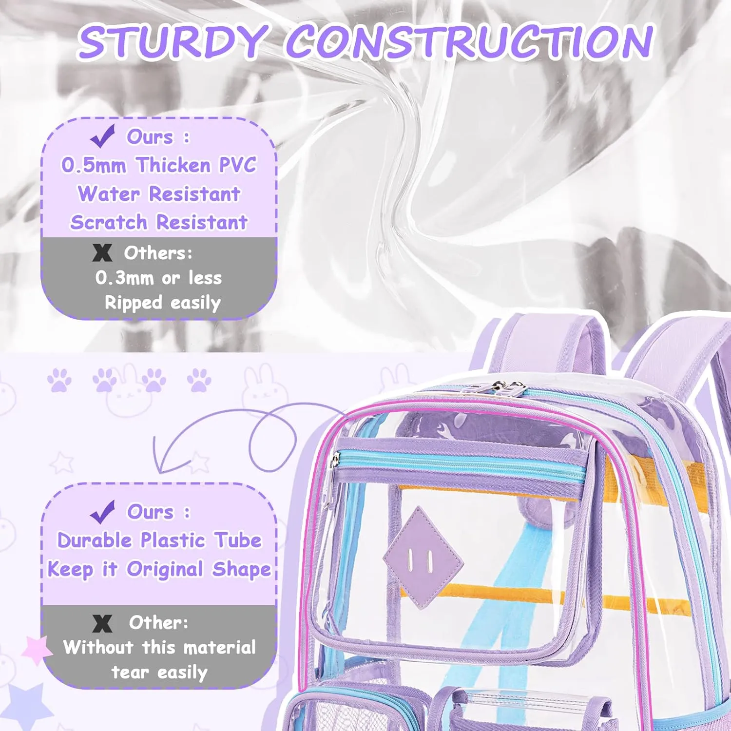 Clear Backpack for School,Heavy Duty PVC Transparent Bookbag for Girls Stadium Approved See Through Backpack