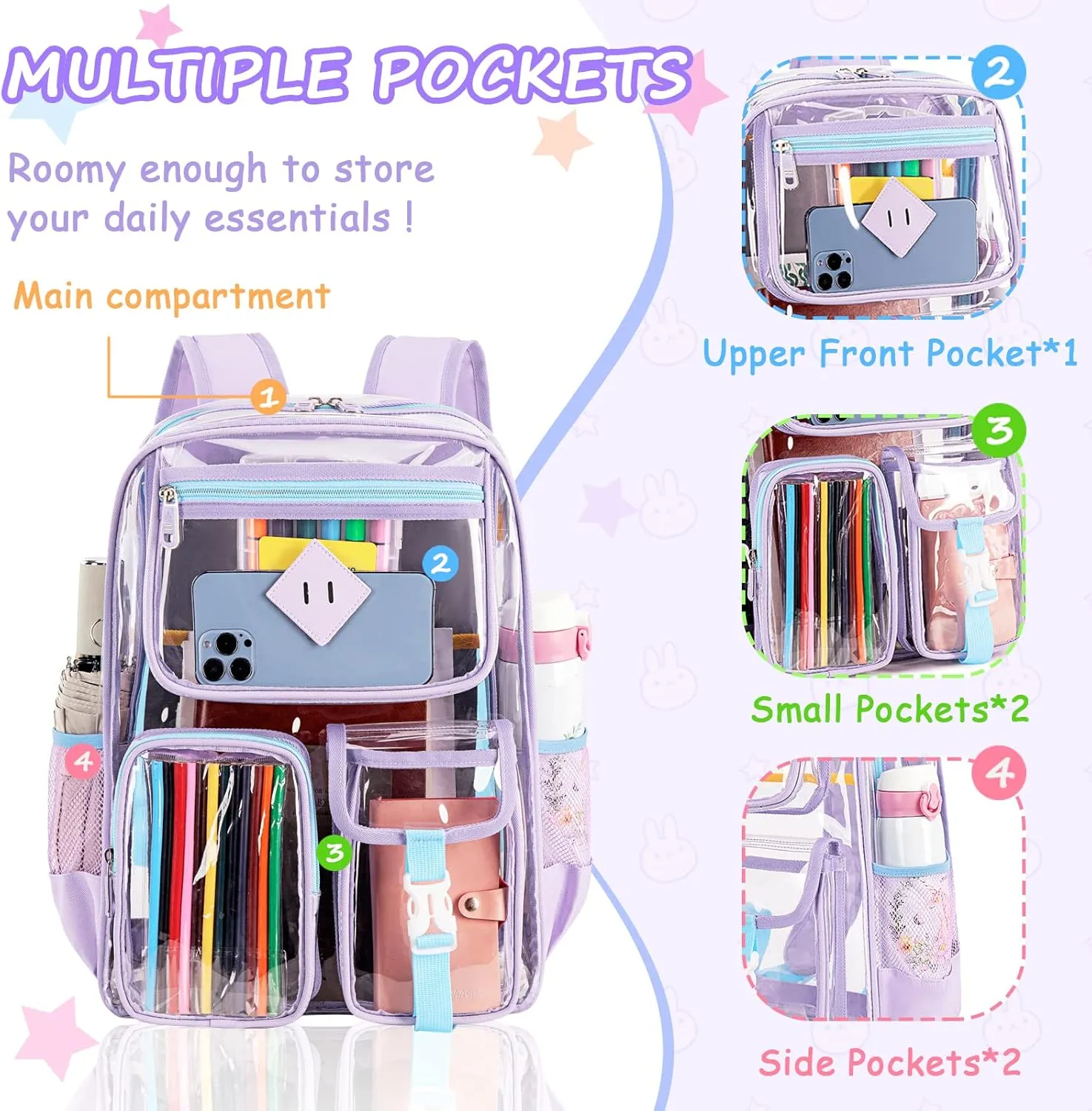 Clear Backpack for School,Heavy Duty PVC Transparent Bookbag for Girls Stadium Approved See Through Backpack