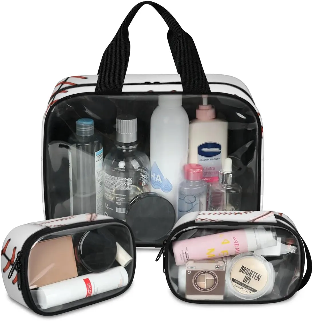 Clear Makeup Bag for Women Men, 3Pcs Transparent Cosmetic Bags Waterpoof Toiletries Set Portable Toiletry Bags with Zipper for Travel Bathroom(Baseball)