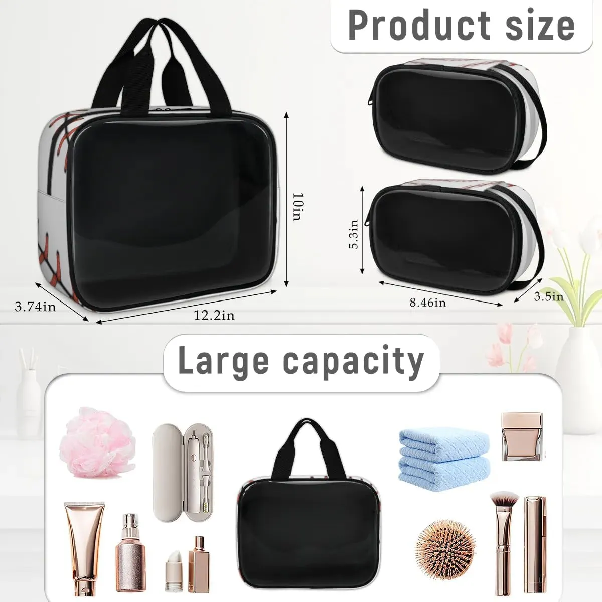 Clear Makeup Bag for Women Men, 3Pcs Transparent Cosmetic Bags Waterpoof Toiletries Set Portable Toiletry Bags with Zipper for Travel Bathroom(Baseball)