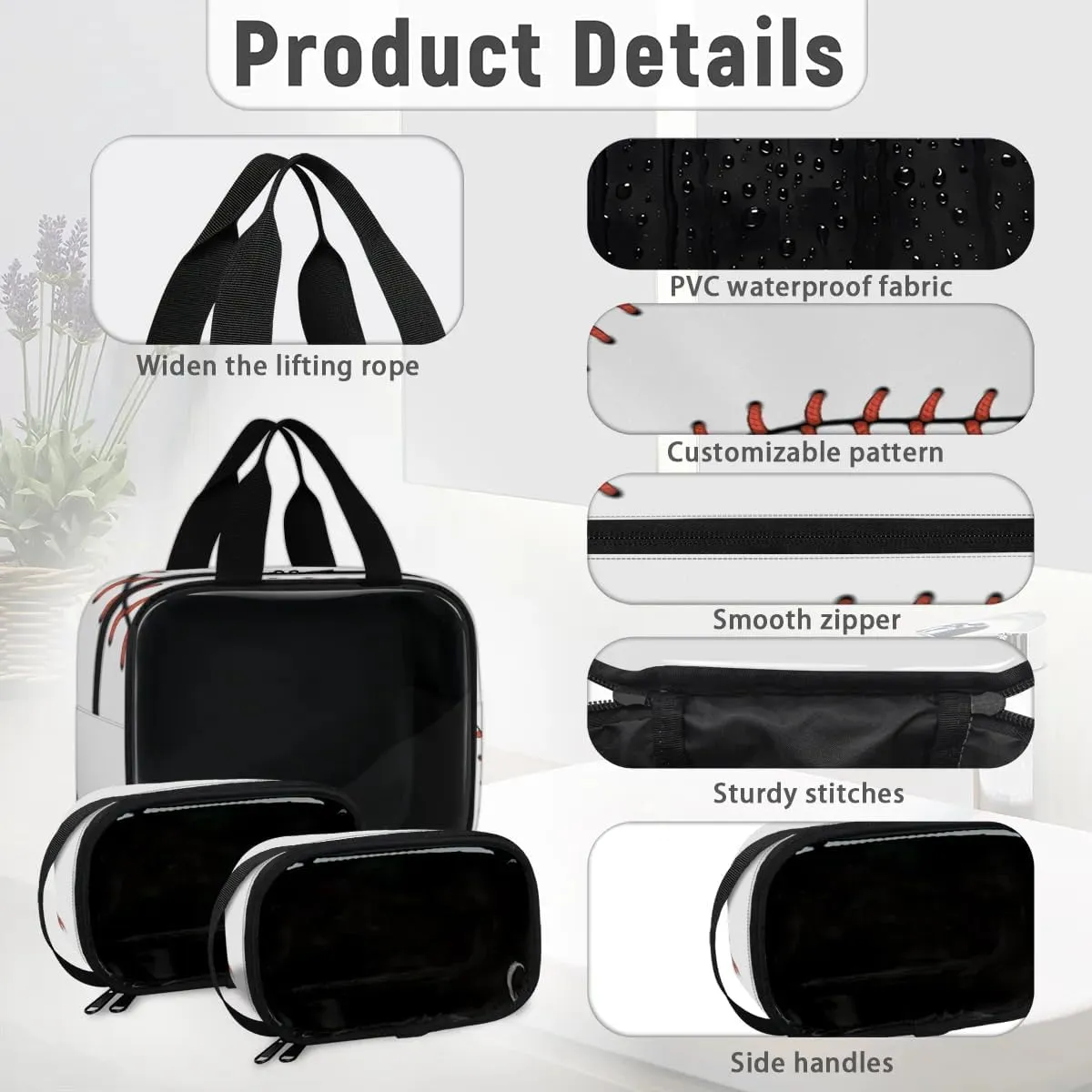 Clear Makeup Bag for Women Men, 3Pcs Transparent Cosmetic Bags Waterpoof Toiletries Set Portable Toiletry Bags with Zipper for Travel Bathroom(Baseball)