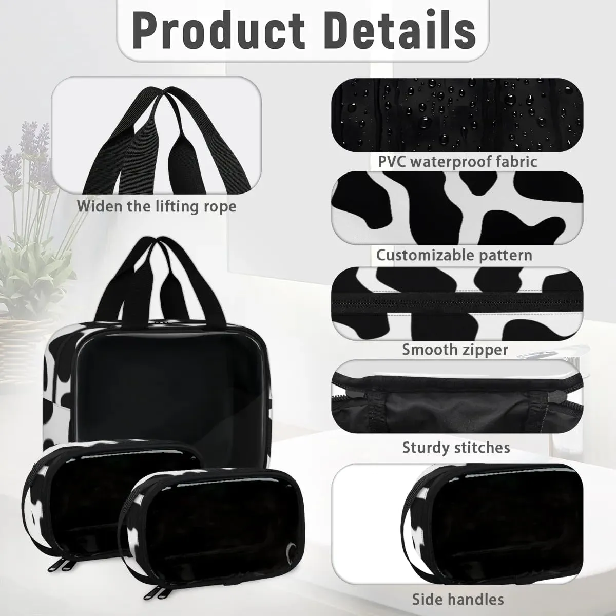 Clear Makeup Bag for Women Men, 3Pcs Transparent Cosmetic Bags Waterpoof Toiletries Set Portable Toiletry Bags with Zipper for Travel Bathroom(Cow)