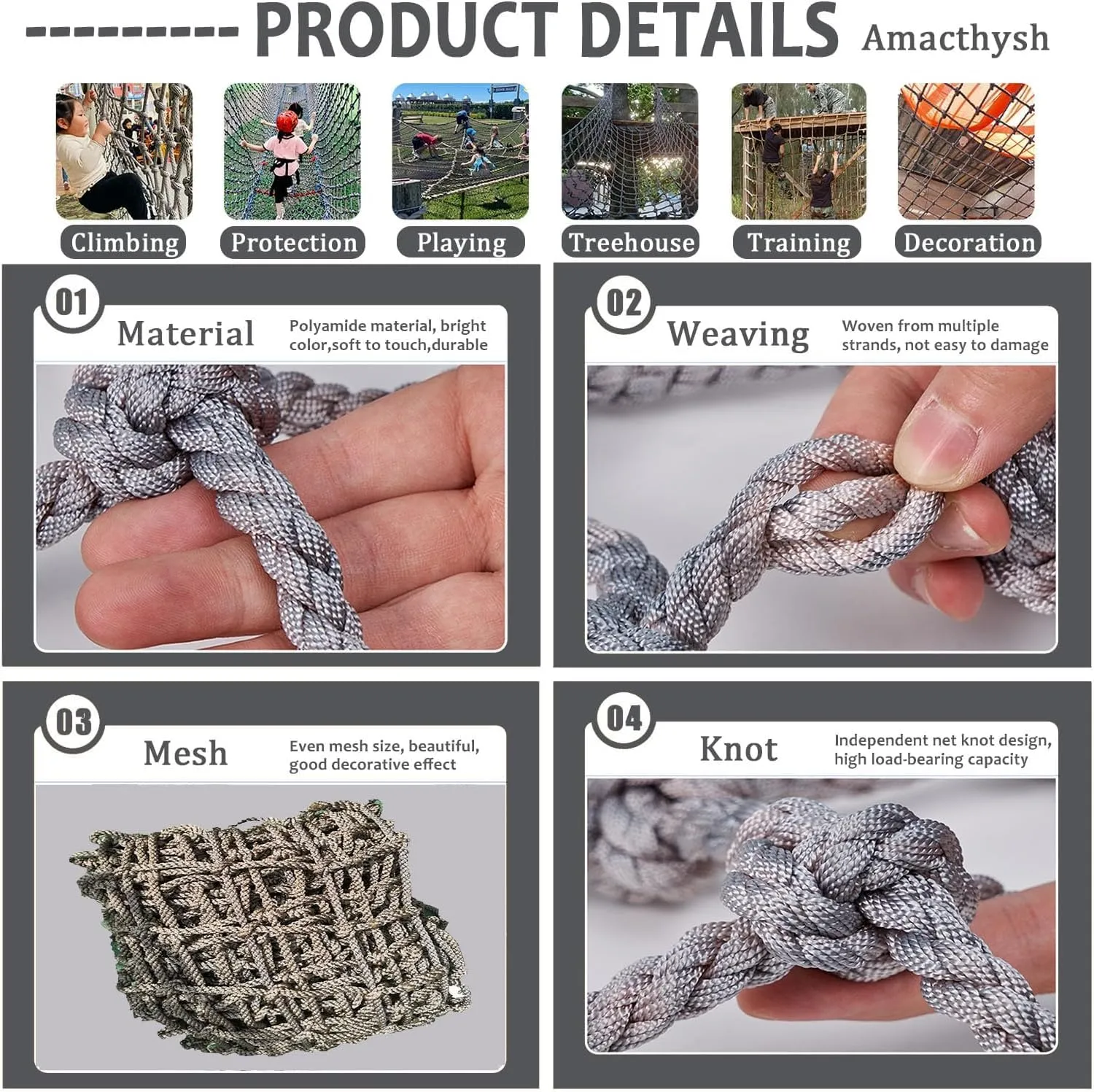 Climbing Frame Net for Kids Outdoor Playground - Durable Hemp Rope Netting, Jute Rope Nets for Treehouse, Cargo Climbing, Children's Fitness Equipment(8 * 10m)