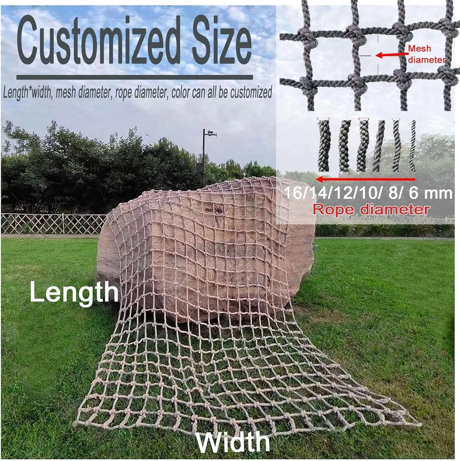 Climbing Frame Net for Kids Outdoor Playground - Durable Hemp Rope Netting, Jute Rope Nets for Treehouse, Cargo Climbing, Children's Fitness Equipment(8 * 10m)