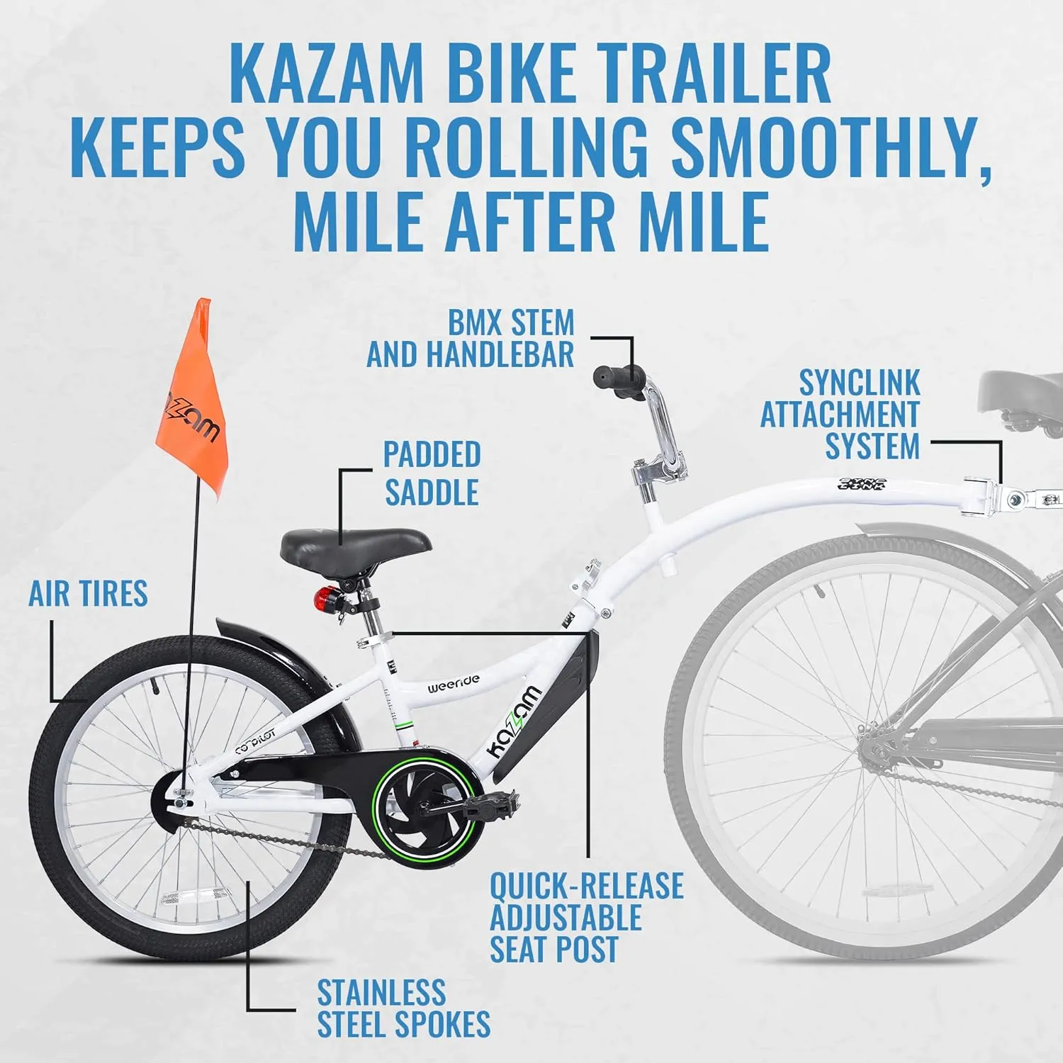 Co-Pilot Bike Trailer - 20 Inch Bike Trailer with Adjustable BMX Stem and Handlebar - Lightweight Aluminum Frame and Padded Saddle for Cycling - Perfect for Family Rides