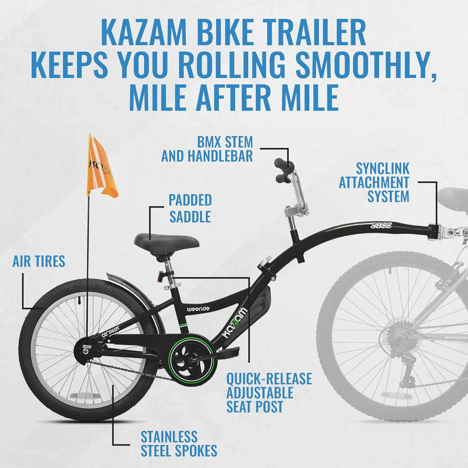 Co-Pilot Bike Trailer - 20 Inch Bike Trailer with Adjustable BMX Stem and Handlebar - Lightweight Aluminum Frame and Padded Saddle for Cycling - Perfect for Family Rides