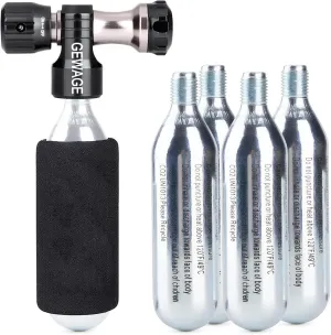 CO2 Inflator with 4 X 16g Cartridges - CO2 Bike Pump Presta & Schrader Valve Compatible - CO2 Bike Tire inflator for Mountain and Road Bike