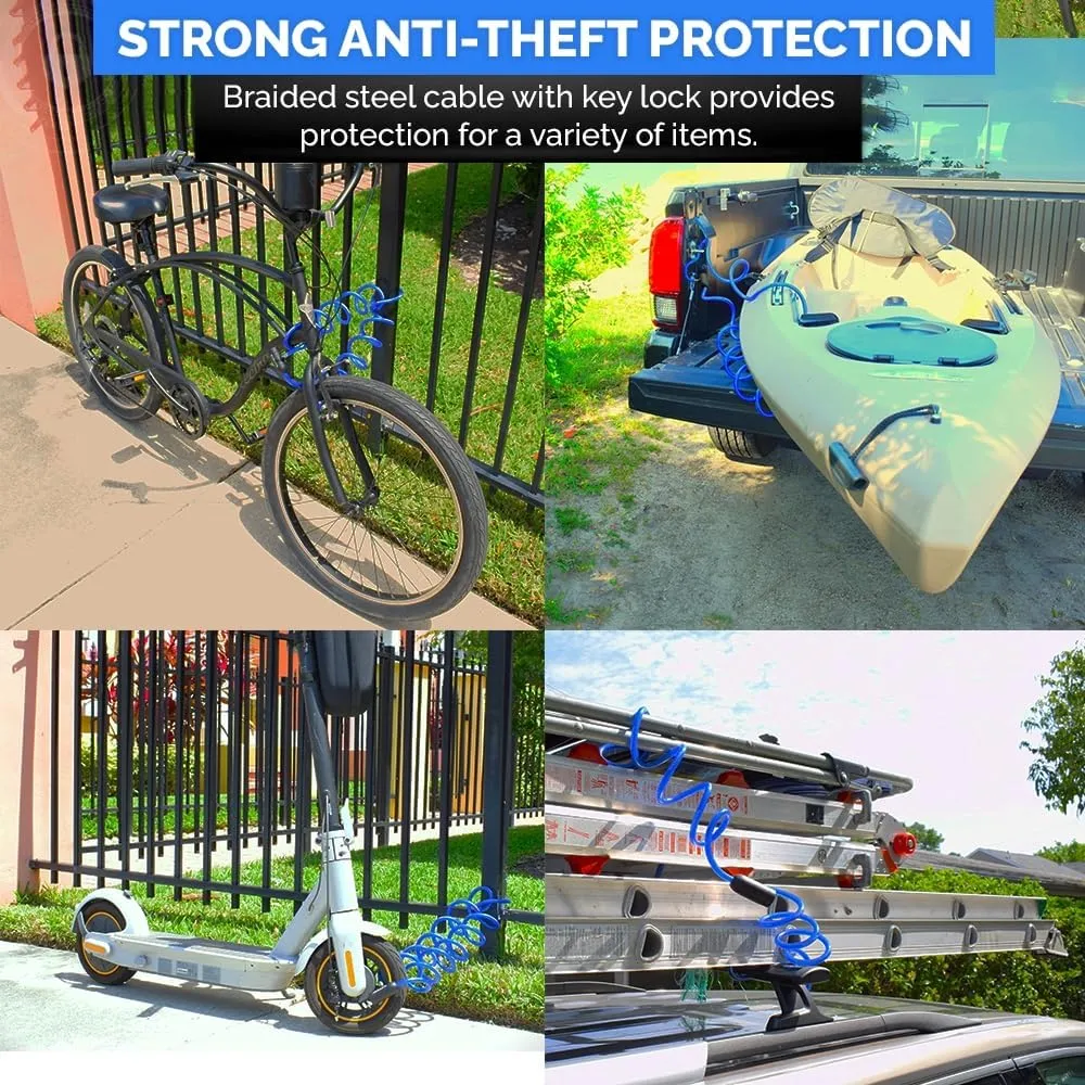 Coiled Security Cable with Key Lock (5’, 10’, 15’, 20’ or 25’ Lengths), Weatherproof Multi-Purpose Anti-Theft Protection for Kayaks, Bikes, Paddleboards, Scooters, Equipment and More 10ft