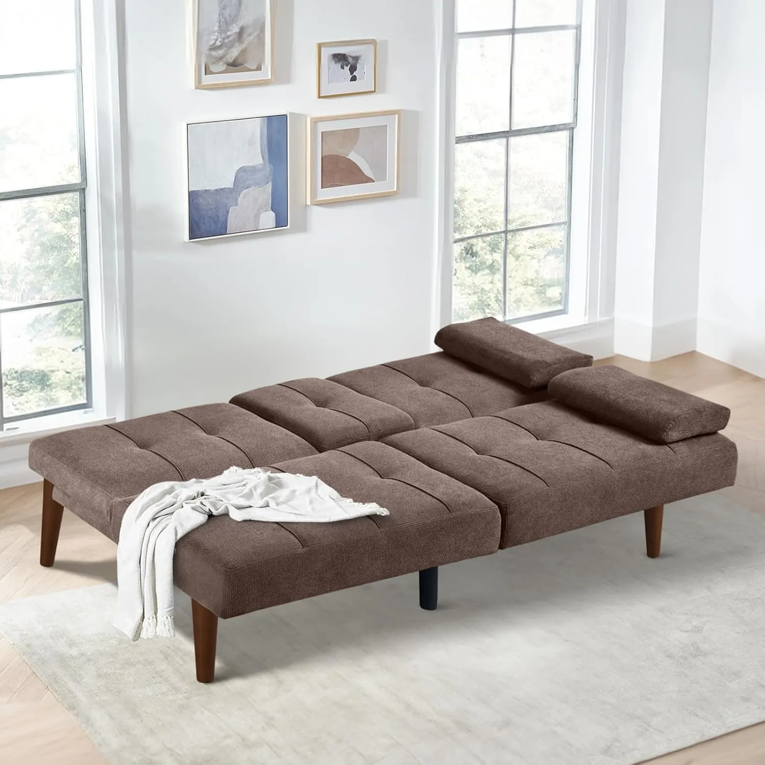 COLAMY Futon Sofa Bed-Fabric Small Couch, Convertible Sofa Bed with 2 Cup Holders, Removable Soft Armrest, Adjustable Backrest for Dorm/Bedroom/College