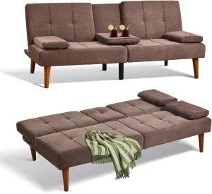 COLAMY Futon Sofa Bed-Fabric Small Couch, Convertible Sofa Bed with 2 Cup Holders, Removable Soft Armrest, Adjustable Backrest for Dorm/Bedroom/College