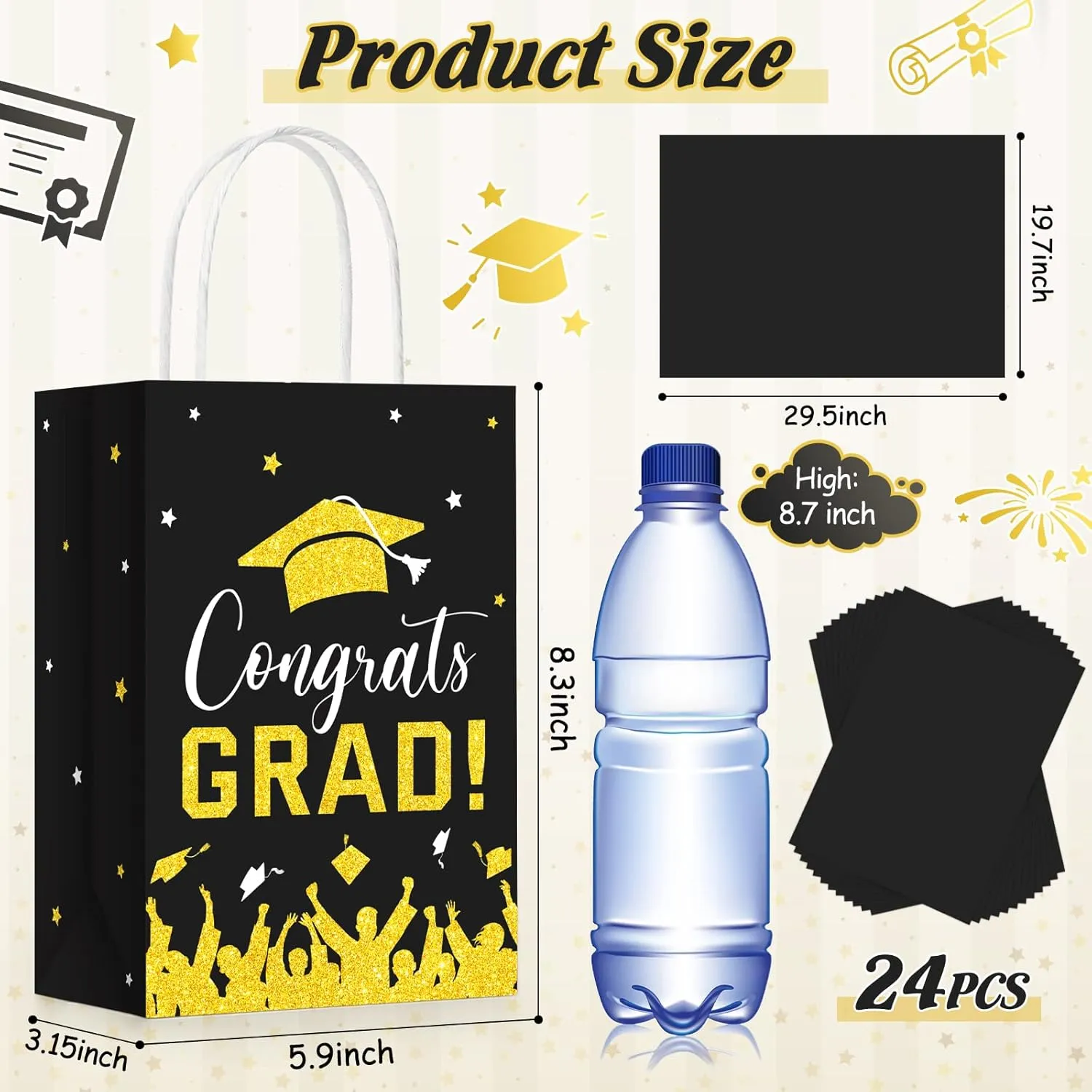 Colarr 24 Pcs Graduation Gift Bags with Tissue Paper 2025 Graduation Party Gift Bags with Handles for High School, College, Kindergarten, 8th Grade and More(Black, Gold)