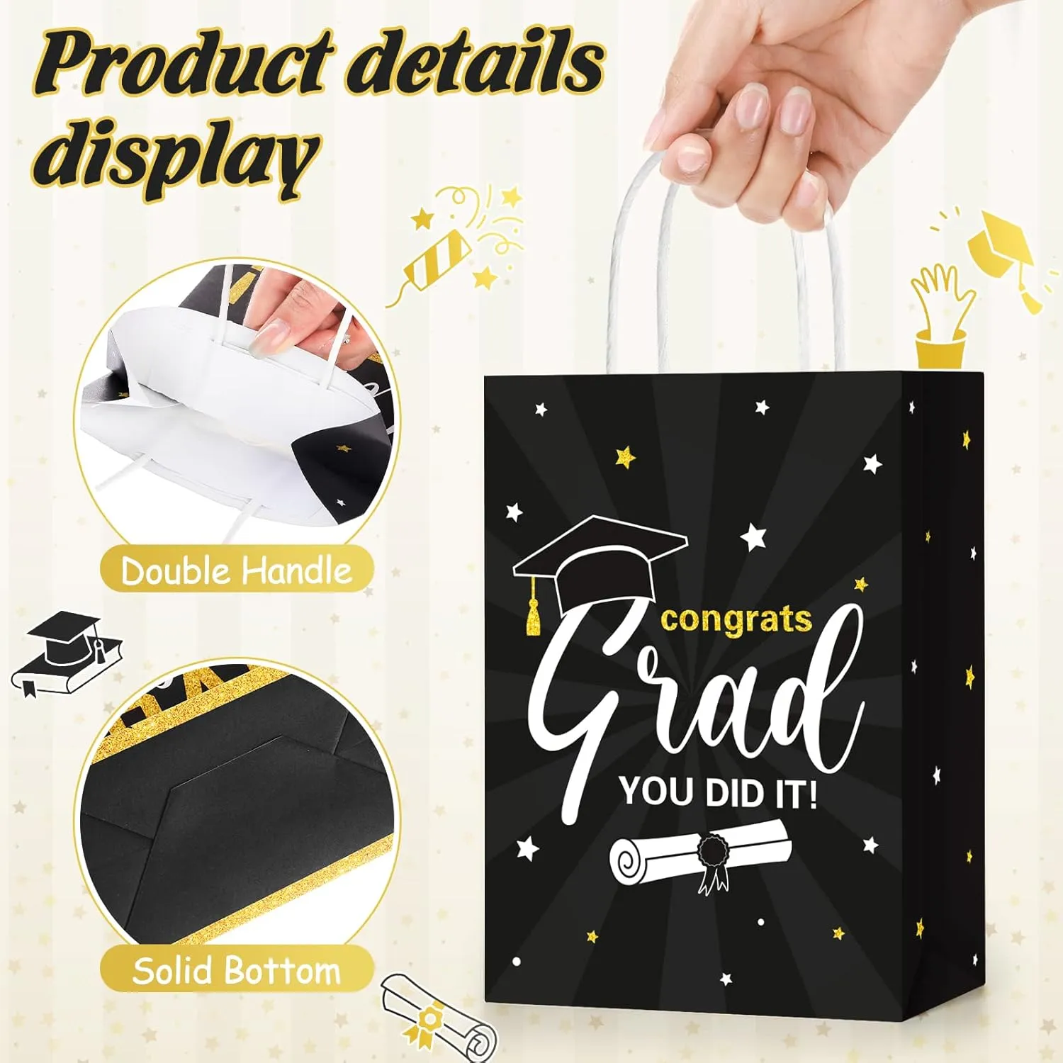 Colarr 24 Pcs Graduation Gift Bags with Tissue Paper 2025 Graduation Party Gift Bags with Handles for High School, College, Kindergarten, 8th Grade and More(Black, Gold)