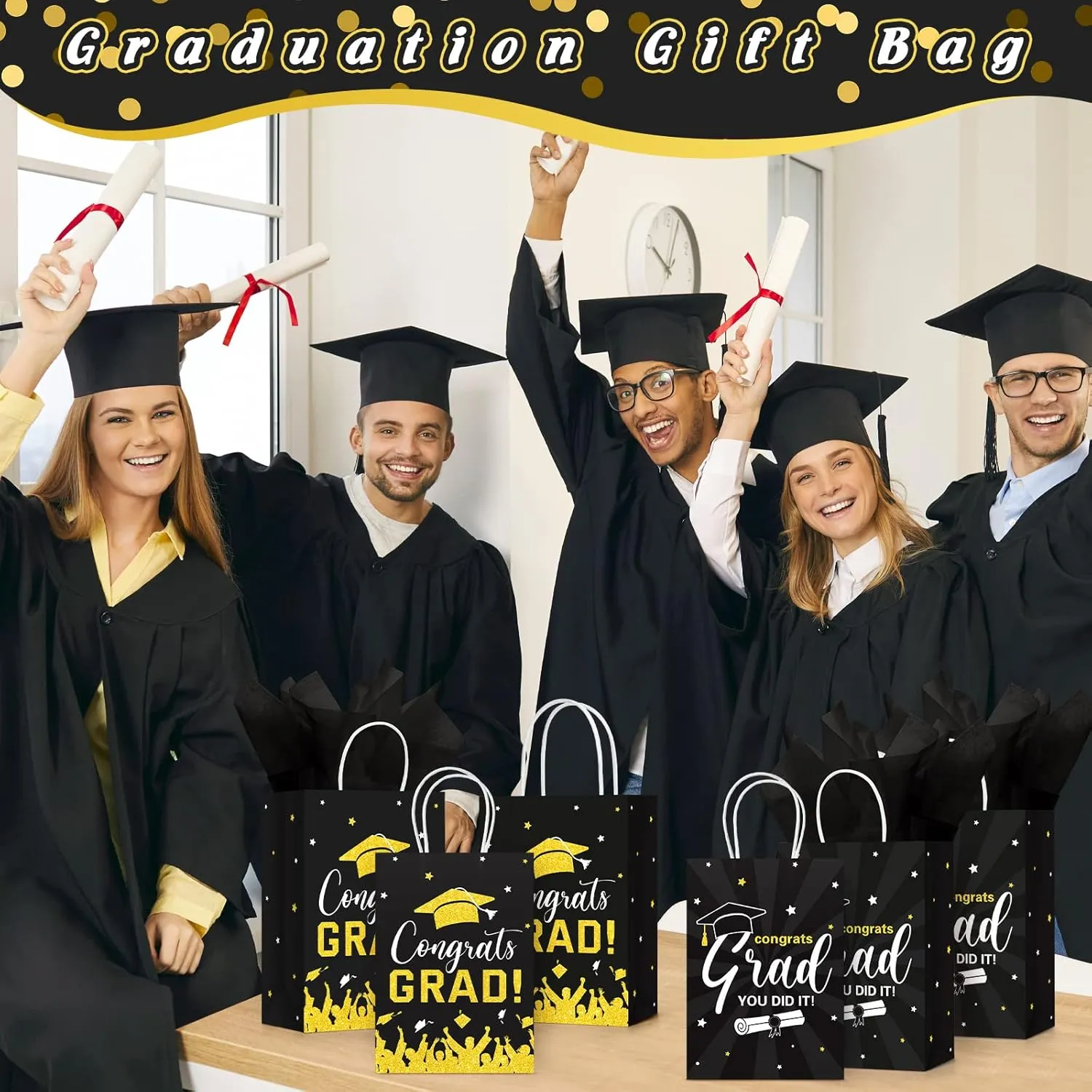 Colarr 24 Pcs Graduation Gift Bags with Tissue Paper 2025 Graduation Party Gift Bags with Handles for High School, College, Kindergarten, 8th Grade and More(Black, Gold)