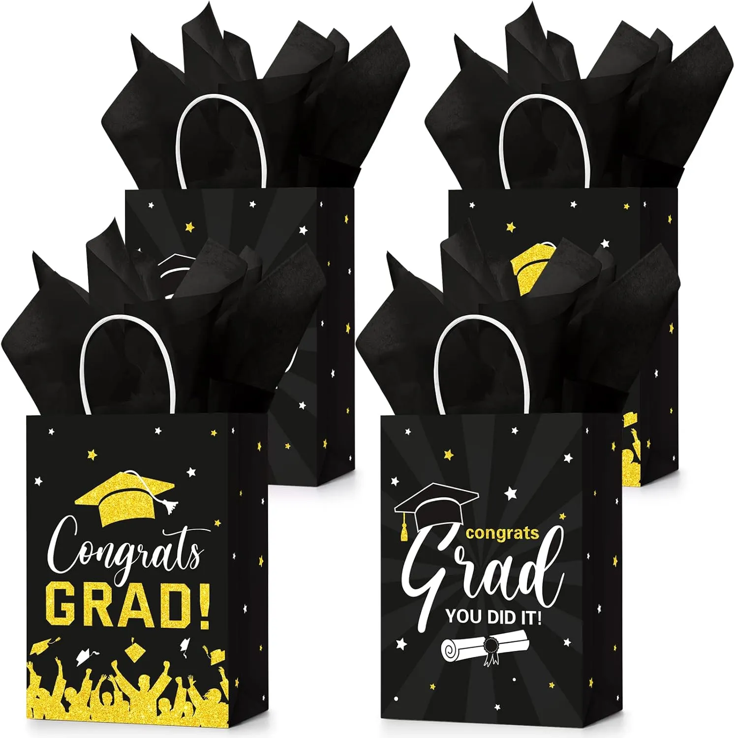 Colarr 24 Pcs Graduation Gift Bags with Tissue Paper 2025 Graduation Party Gift Bags with Handles for High School, College, Kindergarten, 8th Grade and More(Black, Gold)