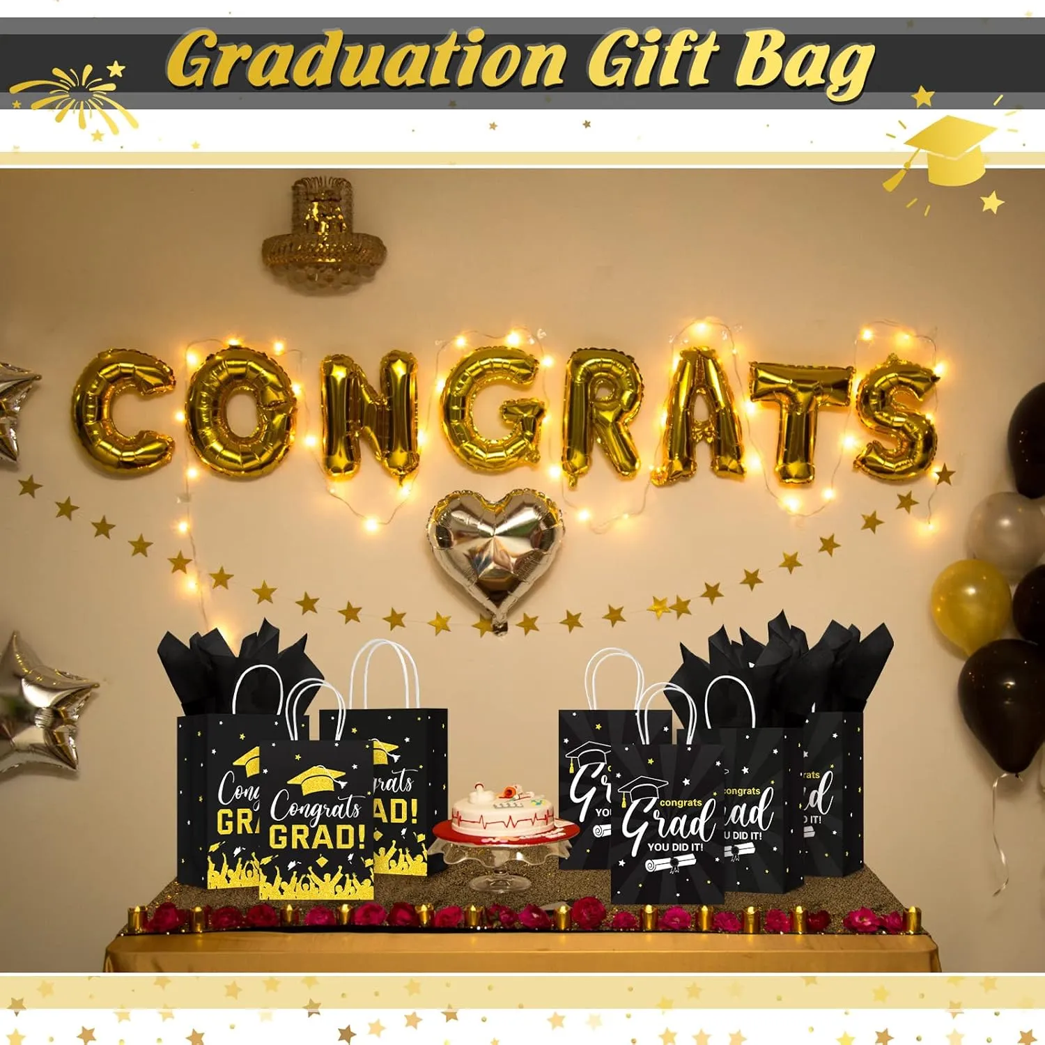 Colarr 24 Pcs Graduation Gift Bags with Tissue Paper 2025 Graduation Party Gift Bags with Handles for High School, College, Kindergarten, 8th Grade and More(Black, Gold)