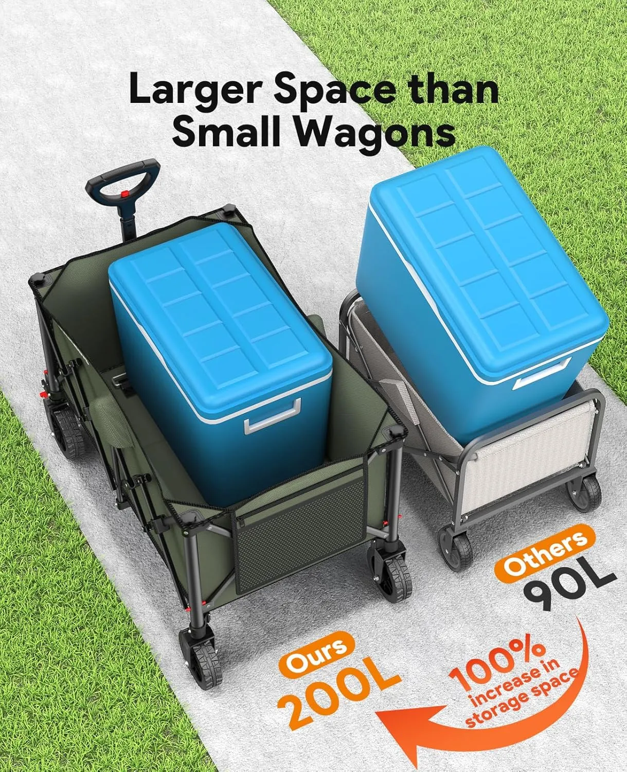 Collapsible Foldable Wagons, 440lbs Weight Capacity Beach Wagon with All-terrain Wheels, Heavy Duty Foldable Wagon, Utility Wagons Carts with Brakes for Camping, Sports, Shopping, Beach, Green & Brown