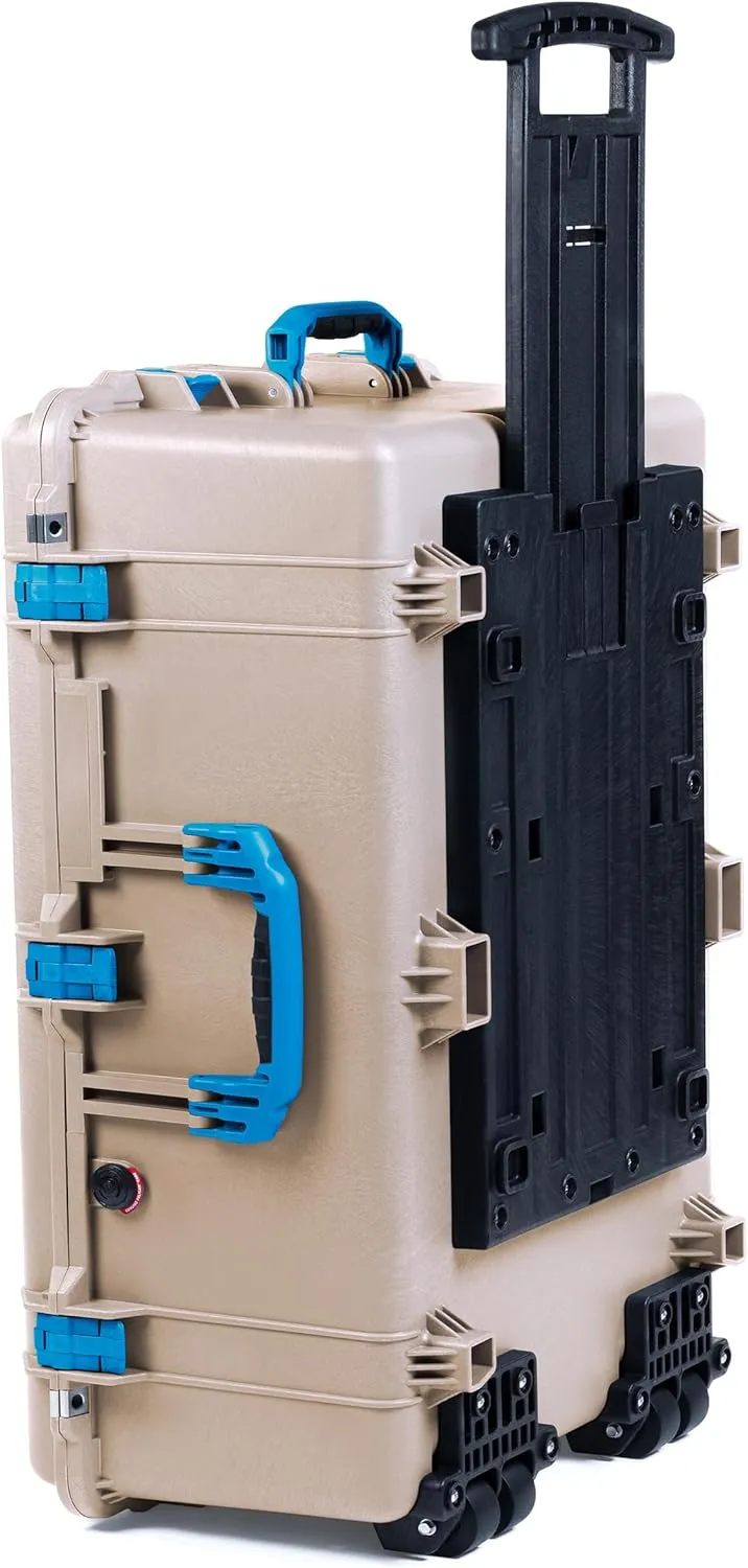 ColorCase Pelican 1650 Case Desert Tan - Large Sized Waterproof Rolling Case with Mesh Lid Organizer - Blue Handles & Latches