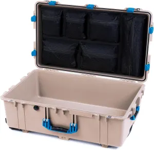ColorCase Pelican 1650 Case Desert Tan - Large Sized Waterproof Rolling Case with Mesh Lid Organizer - Blue Handles & Latches