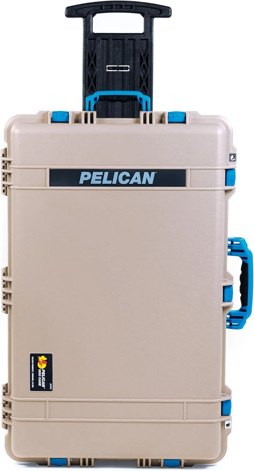 ColorCase Pelican 1650 Case Desert Tan - Large Sized Waterproof Rolling Case with Mesh Lid Organizer - Blue Handles & Latches