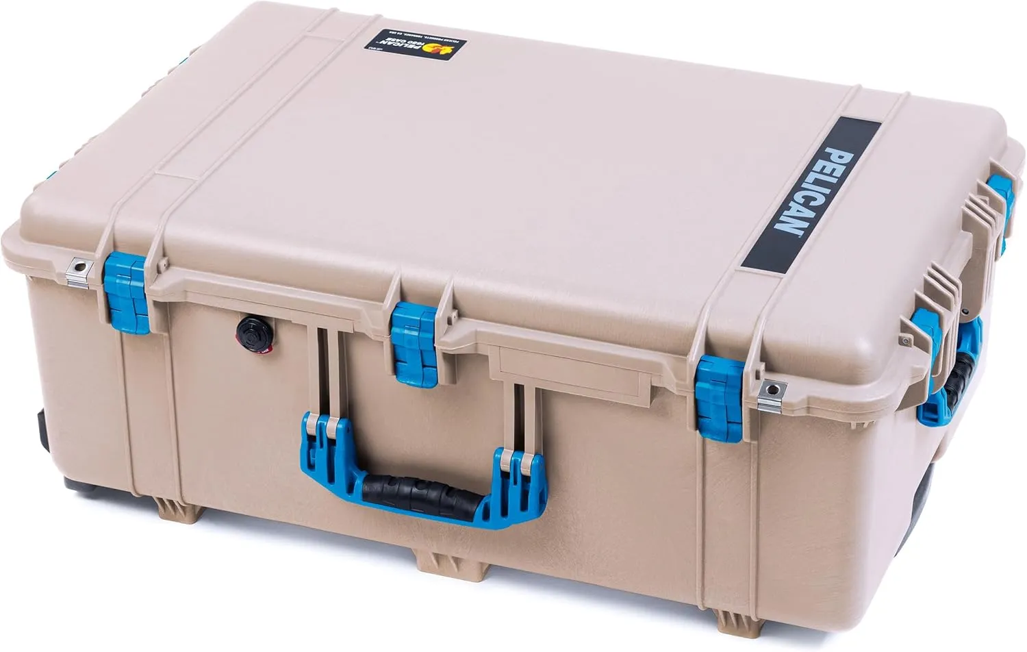 ColorCase Pelican 1650 Case Desert Tan - Large Sized Waterproof Rolling Case with Mesh Lid Organizer - Blue Handles & Latches