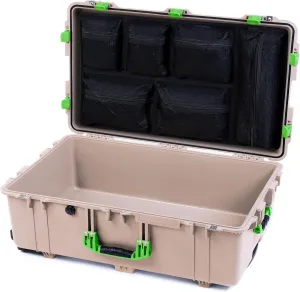 ColorCase Pelican 1650 Case Desert Tan - Large Sized Waterproof Rolling Case with Mesh Lid Organizer - Lime Green Handles & Latches