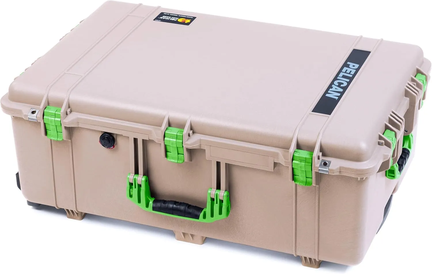 ColorCase Pelican 1650 Case Desert Tan - Large Sized Waterproof Rolling Case with Mesh Lid Organizer - Lime Green Handles & Latches