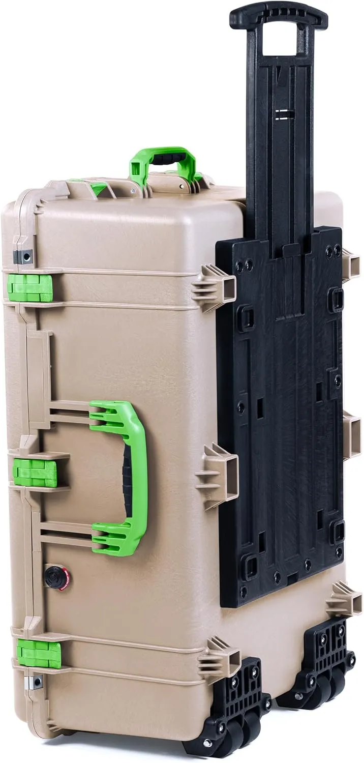 ColorCase Pelican 1650 Case Desert Tan - Large Sized Waterproof Rolling Case with Mesh Lid Organizer - Lime Green Handles & Latches