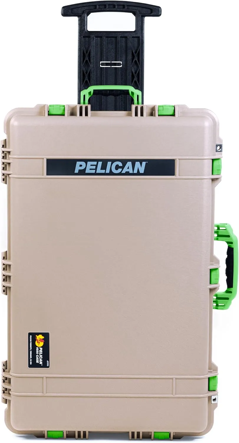 ColorCase Pelican 1650 Case Desert Tan - Large Sized Waterproof Rolling Case with Mesh Lid Organizer - Lime Green Handles & Latches