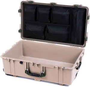 ColorCase Pelican 1650 Case Desert Tan - Large Sized Waterproof Rolling Case with Mesh Lid Organizer - OD Green Handles & Latches