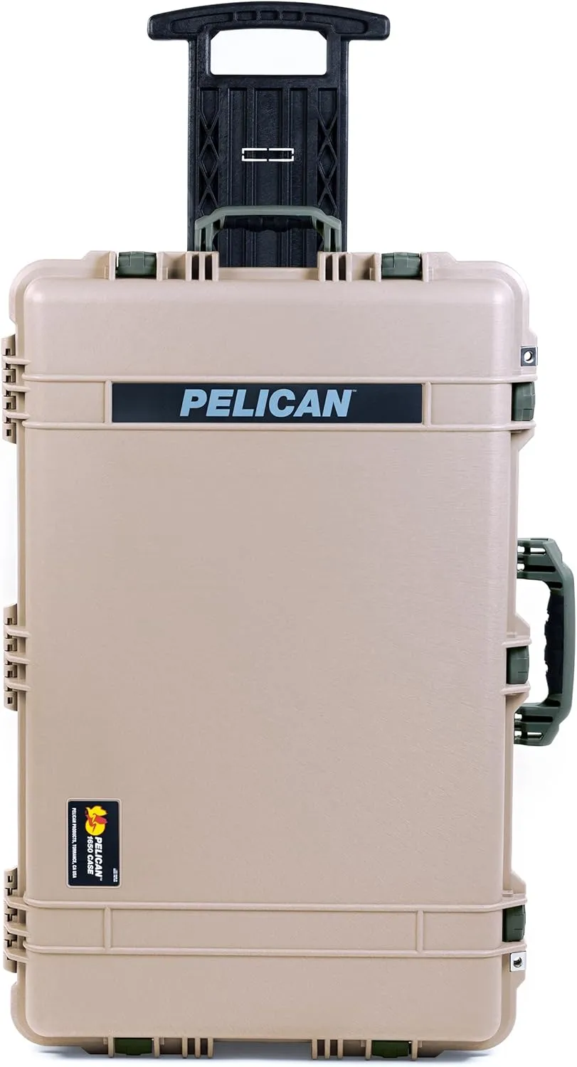 ColorCase Pelican 1650 Case Desert Tan - Large Sized Waterproof Rolling Case with Mesh Lid Organizer - OD Green Handles & Latches