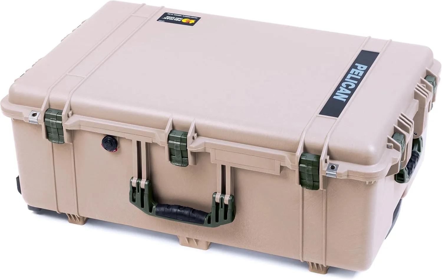 ColorCase Pelican 1650 Case Desert Tan - Large Sized Waterproof Rolling Case with Mesh Lid Organizer - OD Green Handles & Latches
