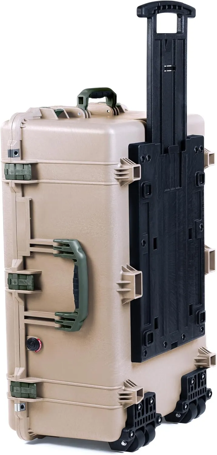ColorCase Pelican 1650 Case Desert Tan - Large Sized Waterproof Rolling Case with Mesh Lid Organizer - OD Green Handles & Latches