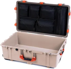 ColorCase Pelican 1650 Case Desert Tan - Large Sized Waterproof Rolling Case with Mesh Lid Organizer - Orange Handles & Latches