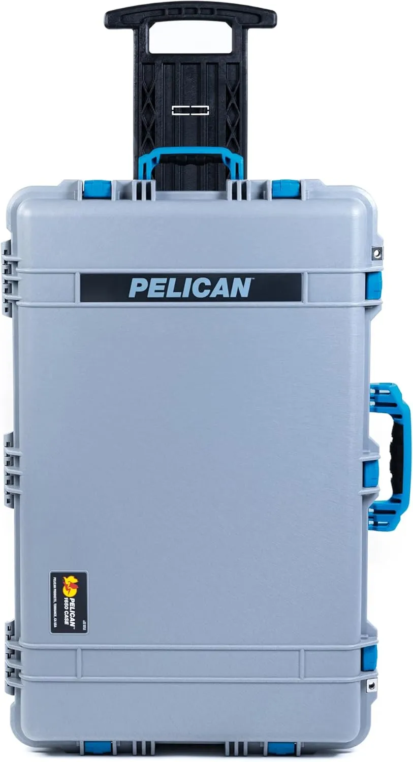ColorCase Pelican 1650 Case Silver - Large Sized Waterproof Case with Pick & Pluck Foam & Mesh Lid Organizer - Blue Handles & Latches