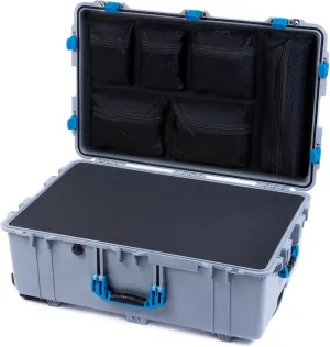 ColorCase Pelican 1650 Case Silver - Large Sized Waterproof Case with Pick & Pluck Foam & Mesh Lid Organizer - Blue Handles & Latches