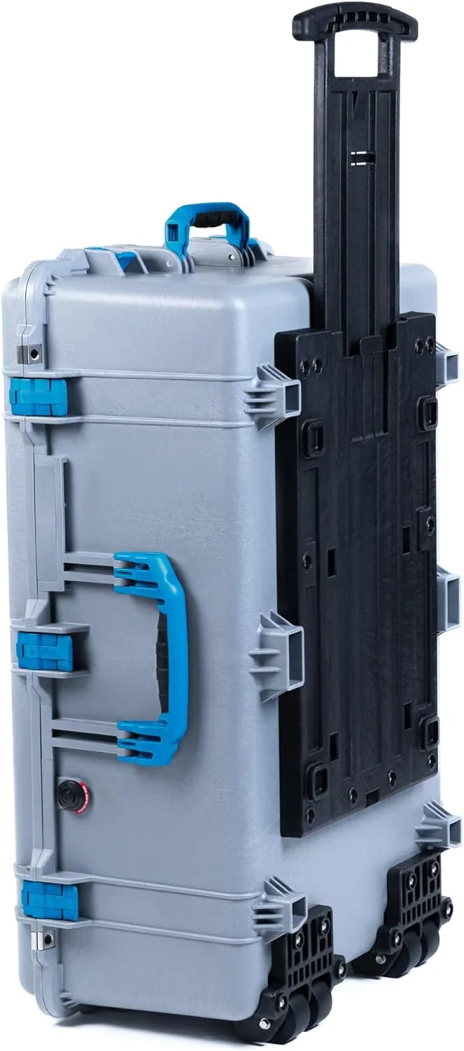 ColorCase Pelican 1650 Case Silver - Large Sized Waterproof Case with Pick & Pluck Foam & Mesh Lid Organizer - Blue Handles & Latches