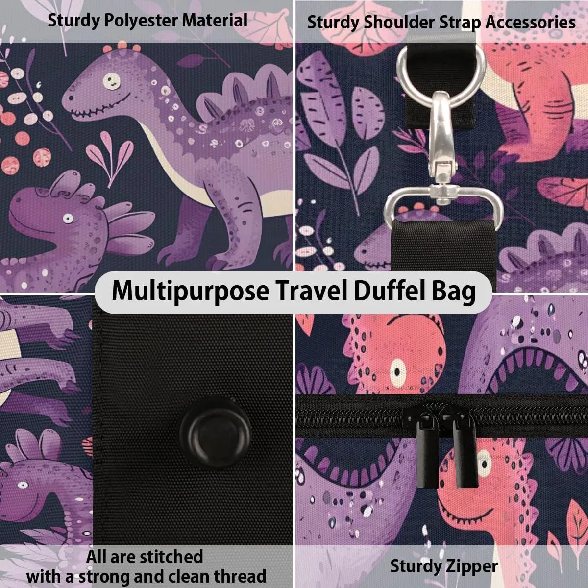 Colorful Dinosaurs Travel Duffel Bag for Women Men Waterproof Foldable Overnight Weekender Bag Large Capacity Sports Gym Bag